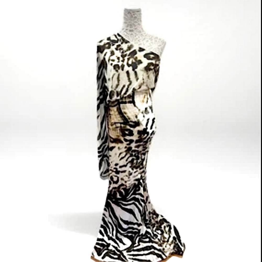 BALO ASYMMETRICAL LONG DRESS ONE SLEEVE ANIMAL PRINT
